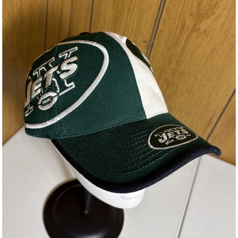 Vintage New York Jets Split Big AOP Logo Hat Cap Reebok Adjustable Green White